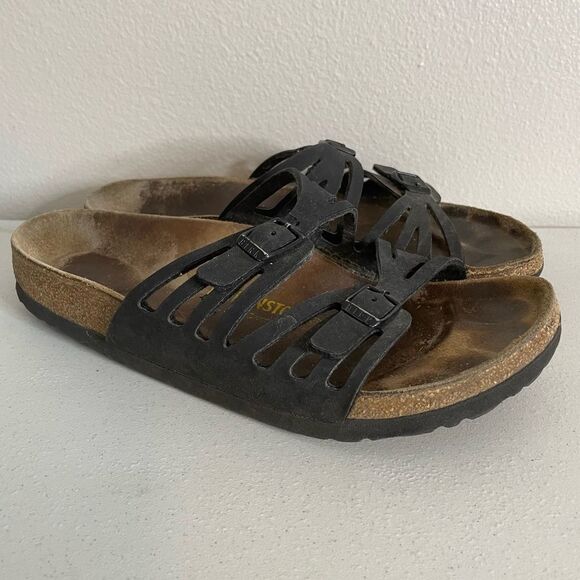 Birkenstock Black Granada Oiled Leather Sandals Size 38/7 - Picture 1 of 15